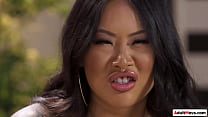 The Busty Asian Boss Takes Both Of The Naughty Workers To The Back Room. The Blue-Haired Babe With Big Tits Licks The Boss’s Shaved Pussy While She Sucks Cock